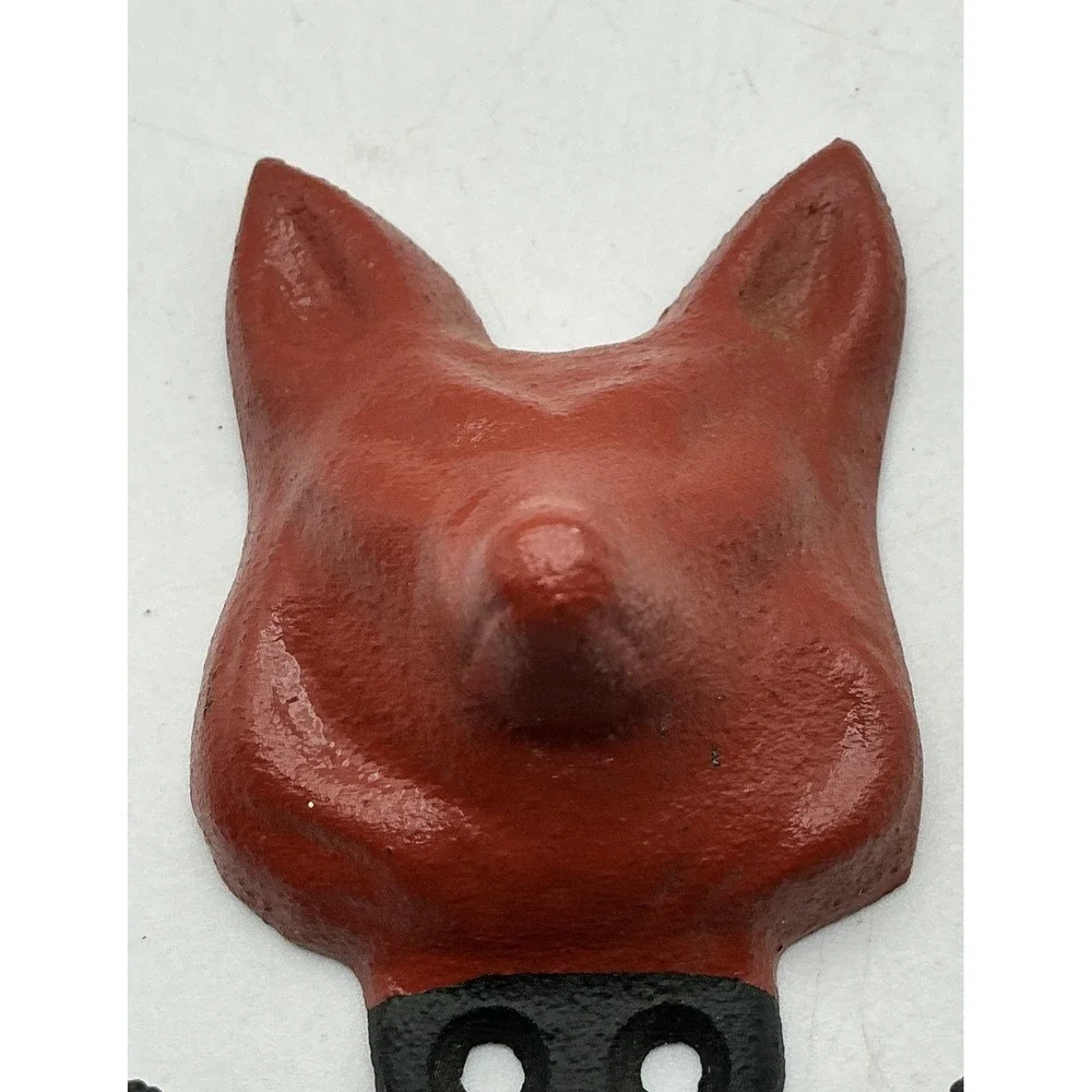 Vintage Cast Iron Fox Head Wall Hooks Set of 2 Red Black Coat Towel-No Screws